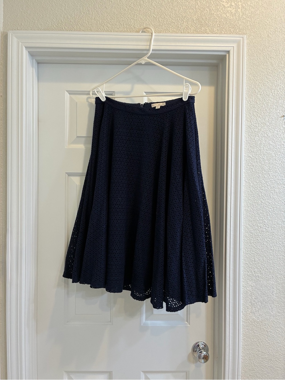 Eva Mendes Navy Eyelet A-Line Midi Skirt